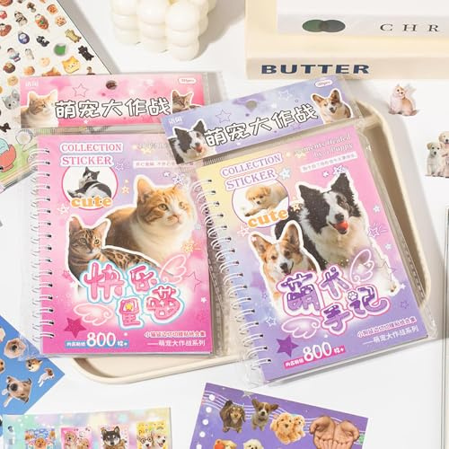 Rusokufo Katz Und Hündchen Libro De Pegatinas 2 En 1 Conjunto De Valor Que Incluye 1600 Adhesivos 60 Páginas Cuaderno De Pegatinas para Álbum De Colección Diario Planific