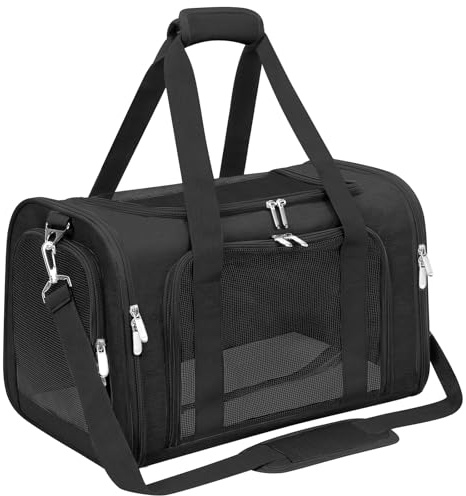 Soft-Sided Cat/Dog/Pet Carrier - Collapsible Pets Travel Carriers For Big Cats/Small Dogs With Shoulder Strap & Removable Mat - Mesh Puppy Carry Bag - Up to 16 Lbs - Airline Approved (Black)