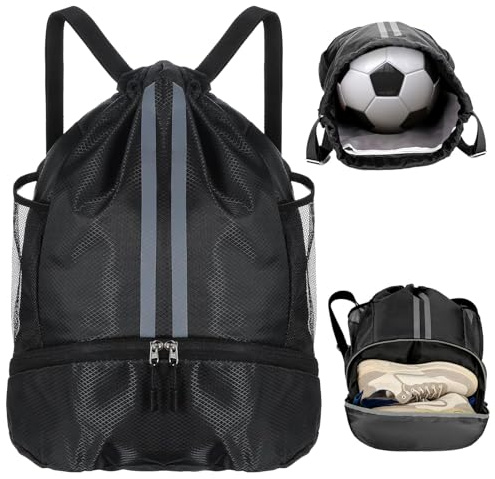 Quorumsg Mochila Cuerdas, Gran Capacidad Mochila Gimnasio Cuerdas, Bolsa de Gimnasio Impermeable con Compartimento para Zapatos, para Gym, Playa, Vacaciones, Natación, Viajes(Negro)