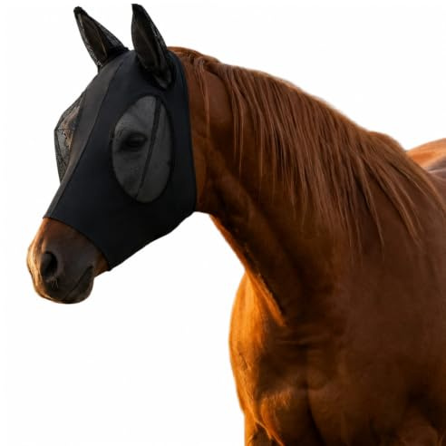 ARYIMYDP Masque Anti-Mouches Noir pour Chevaux avec Protections Oreilles, Protection Insectes Respirante et Légère pour Poney, Shetland et Chevaux de Race
