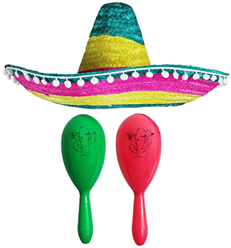 Mexikansk underbar klänning tillbehörsset – Mexikansk SOMBRERO med Maracas – (MULTI-färgad POM SOMBRERO + grön och rosa maracas)