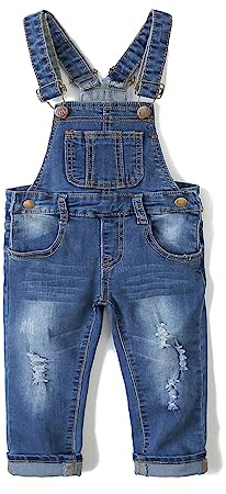 KIDSCOOL SPACE Monos de mezclilla para niña pequeña, pantalones delgados de mezclilla rasgados para niños pequeños, azul profundo, 2-3 años