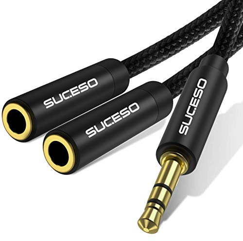 SUCESO Audio Klinke Y Splitter Adapter 3.5mm Stecker auf Buchse Headset Stereo Aux Splitter Kabel Kopfhörer Doppelstecker für Tablet, Laptop, Samsung, Smartphone, Lautsprecher, PC usw - 35cm(Schwarz)