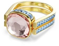 Swarovski Chroma Ring, Vergoldeter und Mehrfarbiger Twist-Damenring mit einem Wendbaren ReCreated Crystal in Grün und Pink im Kissenschliff und Kleineren Blauen Kristallen, Größe: 50