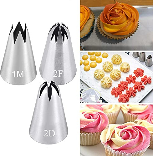Juego de 3 boquillas de manga pastelera, kit de boquillas para pastelería, boquillas de glaseado de flores de rosa crema, herramienta de puntas de pastelería para decoración de pasteles (1 m, 2D, 2F)