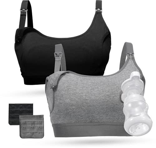 Momcozy Pumping Bra Hands Free, Pumping and Nursing Bra in One Holding Breast Pump for Spectra, Lansinoh, Medela, Black,grey-2pk, Large