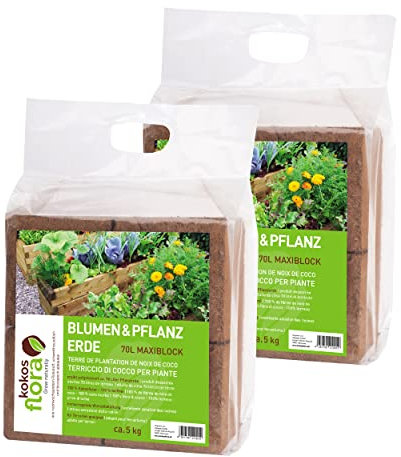 KOKOSFLORA Kokoserde – 140L Maxiblock – Blumenerde- Torffrei - Ideal Für Drinnen Und Draussen. Geeignet Für Kübelpflanzen, Zimmerpflanzen, Balkonkästen Und Gartenbeete (2 x 5 Kg - 140 L Kokoserde)