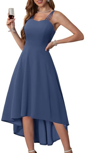 DRESSTELLS Cocktail Dresses for Women 2026 Formal Wedding Guest Bridesmaid Spaghetti Strap Fit Flare Tea Party Graduation Hi-Low Evening Summer Midi Dress Greyblue M