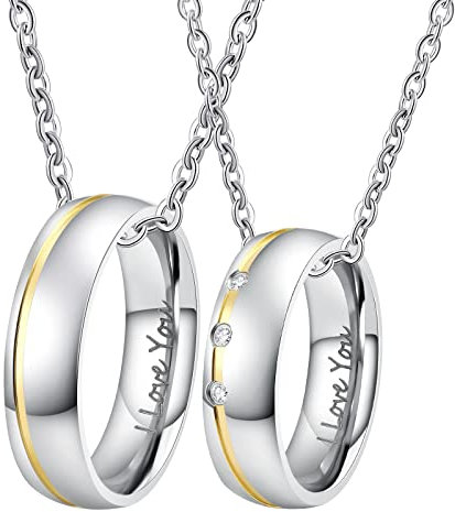 Lieson Paar Kette Edelstahl Mit Ring Anhänger, Partnerringe Mit Gravur I Love You Breite 6MM Zirkonia Ringe Silber Gold Partner Geschenke