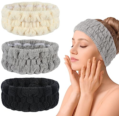 VIVOTE pañuelo cosmético de microfibra para maquillaje y lavado de cara, pañuelo spa para yoga y deportes cuidado del cabello para niñas, lavable, 3 Piezas (negro, blanco crema, gris claro)