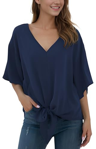 Anelune Blouse Femme Été Chiffon Tunique Tops Manches Courtes Élégant Haut Col V Ample Décontracté Nœud Devant Manches Trompette T-Shirts S-2XL, bleu marine, L