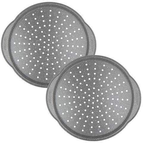 Salter COMBO-9012 Marblestone 37 cm Pizza Tray – 2 Pack, Non-Stick Oven Sheet with Handles, Perforated Crisper Base, Oven Safe up to 220°c, Carbon Steel Ovenware, Easy to Clean, PFOA-Free Chip Tray