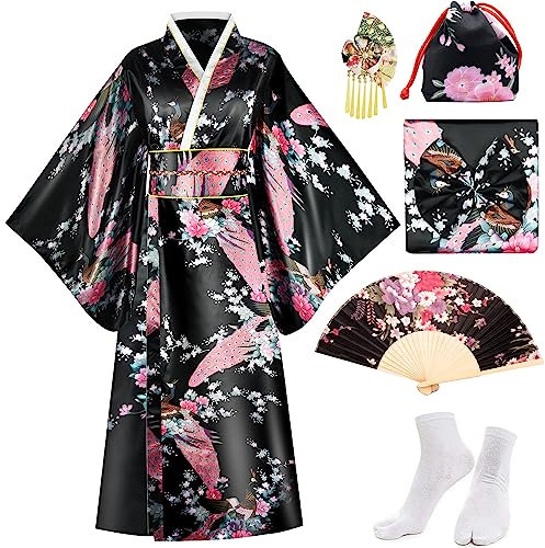 PLULON 5 Stück japanische Kimono-Robe, Geisha-Yukata-Kleid, Pfauenblüten-Satin-Bademantel mit Zubehör für Damen
