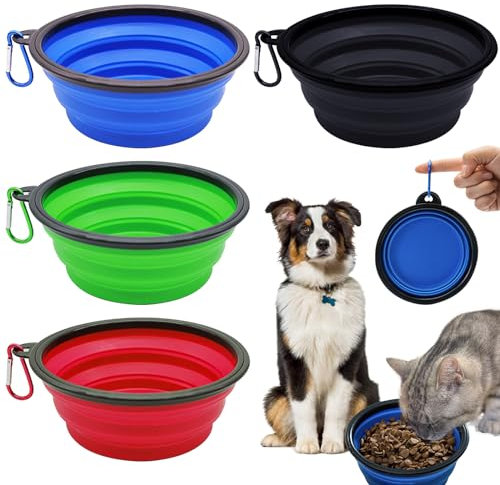 DKDDSSS 4 Stück Hundenäpfe Faltbare, Reisenapf Hund, Faltbar Reisenapf Napf für Hunde und Katzen, Tragbare Trinkschale, mit Karabinerhaken für Reisen, 350ml(GrüN, Blau, Rot und Schwarz)