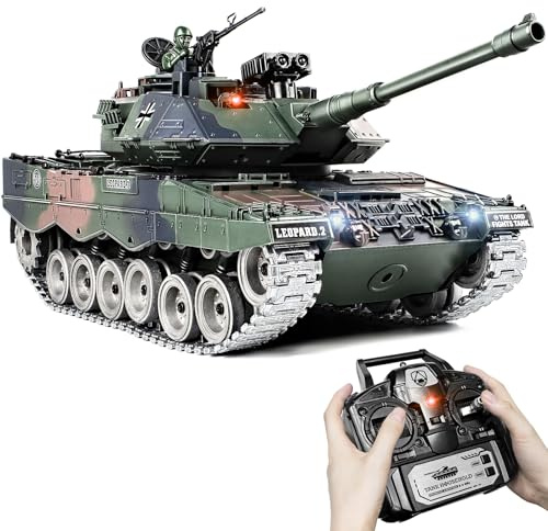 Tank Telecommande Leopard II 1:18, Tank Militaire Téléguidé Qui Tire Billes, Télécommande 2.4GHz Maquette de Char RC avec Fumée, Recul, Lumières et Sons Réalistes, Véhicule Armée pour Enfant et Jouet
