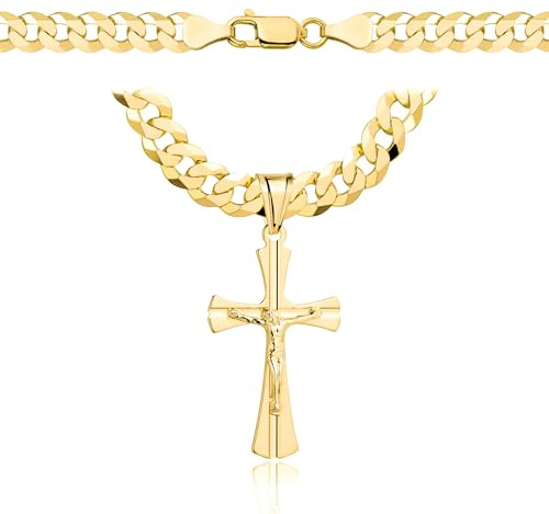 AMAR OPRAVA Goldketten Herren Kreuz 585 - Halskette 925/585 Massiv - Kreuzkette Mit Panzerung 6,5 mm