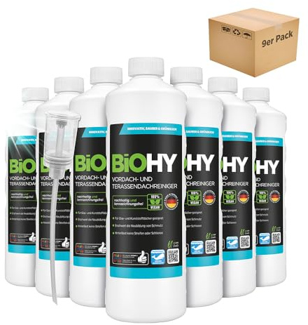 BiOHY Terrasstak- och förtakrengöring (9 x 1l flaska) + doser | Bio-koncentrat för glastak, plasttak, vinterträdgårdar Bio-koncentrat för glastak, plasttak (Vordach und Terrassendachreiniger)