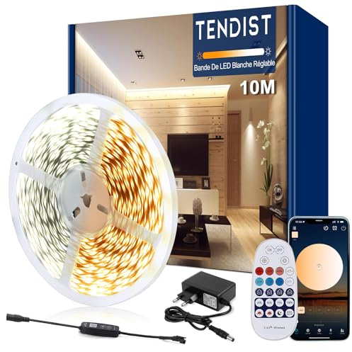 TENDIST 10M Striscia Led Bianca Dimmerabile, 3000K-6500K Da Bianco Caldo a Bianco Freddo, 24v Con Telecomando, Striscia Led Cucina, App Intelligente Per La Decorazione D'interni
