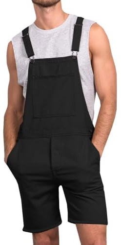 Runcati Herren Jeans Overall Baumwolle Latzhose Kurze Arbeitshose Loose Fit Männer Denim Jumpsuit mit Taschen Schwarz L