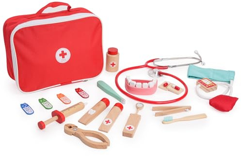 KidMigo Maleta médica para niños de madera, 15 piezas, juegos de doctorado a partir de 3 años: maletín de médico para niños, juguete para dentistas, juegos de doctor con accesorios estetoscopio