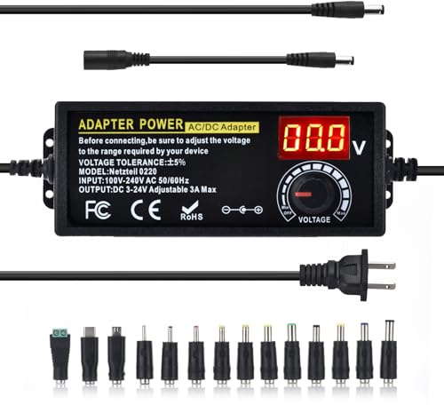 Universal Power Supply Adjustable 3A 72W DC 3V ~ 24V Variable Universal Switching 100V-240V AC/DC Adapter with Volt Display & Adjustable Voltage & 14pcs Tips & A Reverse Polarity Converter