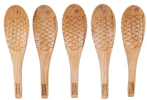 Nikou 5Pcs Wood Rice Spoon Set, Innovative Fish-Shaped Carving Soup Ladle, Rice Serving Spoon, Kitchen Utensils, Cutlery, Kitchen Accory