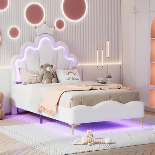 BPKADHY Letto per bambini con rivestimento imbottito 90x200 cm, letto singolo per ragazze con LED, testata regolabile in altezza, letto per ragazzi con schienale, struttura del letto con rete a doghe