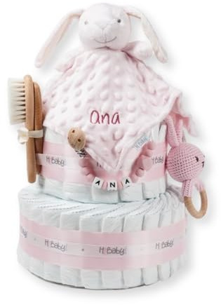 Tarta de pañales personalizada para bebé Baby Rattle, Regalo Original para Baby Shower, Recién Nacido, Bautizo, Pañales dodot Sensitive, Pastel de pañales (Rosa)