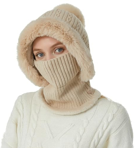 Gorro de Invierno con Pasamontañas Mujer Cálido Prueba de Viento Bufanda Sombreros de Invierno para Las Mujeres Punto Beanie Cap con Forro y Pompom para Esquí al Aire Libre