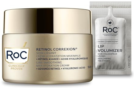 RoC Retinol Correxion Line Smoothing Max Hydration - Crema facial con ácido hialurónico, hidratante antiarrugas, 50 ml + paquete voluminizador de labios