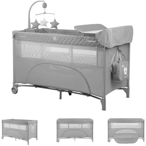 Kikka boo Reisebett Nighty Night, 2 Ebenen, Spielbogen, 2 Räder, Wickelauflage hellgrau