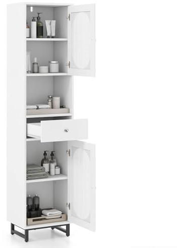 Multigot Bathroom Tall Cupboard, Freestanding Slim Storage Cabinet with Rattan Doors, Adjustable Shelves and Drawer, Narrow Wooden Floor Cabinet Bathroom Storage Unit for Bedroom Living Room (White)