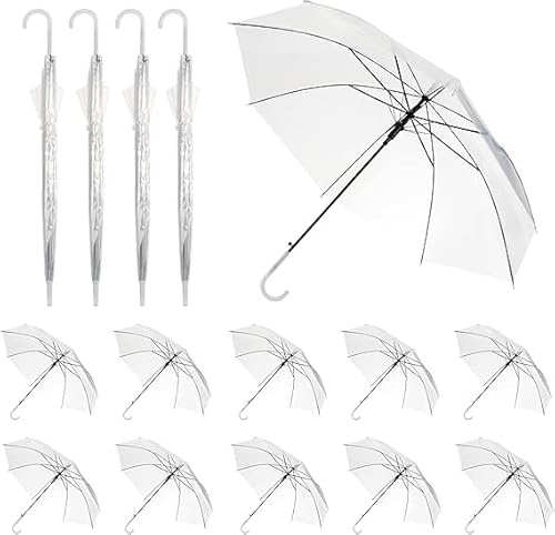 Lot de 15 parapluies transparents de 95 cm pour mariage, grand parapluie blanc transparent en plastique transparent à 8 baleines avec poignée semi-automatique pour femme, homme, mariée