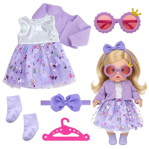 Dcsfadq 6 Teilig Lila Puppenkleidung für 36-43cm Puppen, Kleidung Outfits mit Kleid, Strickjacke, Schleife und Accessoires für 16-18 Zoll Puppe, Puppe Zubehör für Mädchen Geschenke