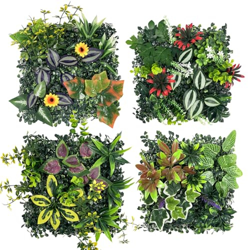 Lxoraziy Paneles Decorativos de Plantas Artificiales 4 Unidades 25x25 cm, Set de Jardín Vertical con Hojas Verdes Realistas para Pared Interior y Exterior, Balcón, Eventos, Oficina -B