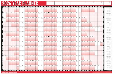 2026 A2 Wall Planner – Bold Red & Black Design Large 59.4 x 42cm Laminated Year Calendar with 96 Stickers - Reusable Year-at-a-glance Planner for Home, Office, School & Business Organisation.