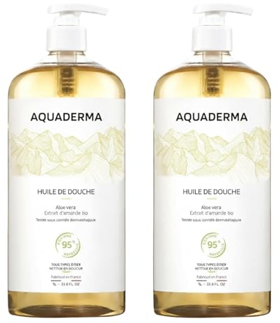 Aquaderma Huile Douche Aloe Vera & Amande - Lot de 2x1L - 95% Origine Naturelle & Made In France - Nourrit & Protège - Tous Types de Peaux, Visage & Corps - Hypoallergénique