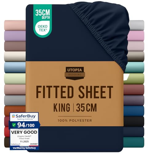 Utopia Bedding dra-på-lakan – djup ficka 35 cm (14 tum) – borstad mikrofiber (Marin, 150x200) | Oeko-Tex-certifierad, icke-järn skrynkelfri, krympnings- och blekningsbeständig, mjukt borstat mikrofibertyg, bottenlakan