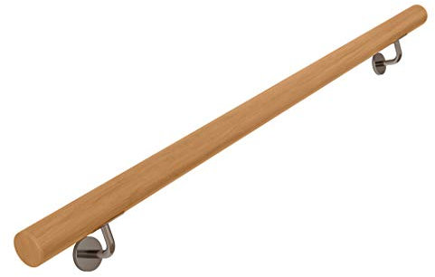 YUDE-7ft Sicherheits-Massivholztreppenhandlauf, runder Rutschfester Wandhandlauf aus Buche, Edelstahlsockel, geeignet für Stangen, Treppen, Flure
