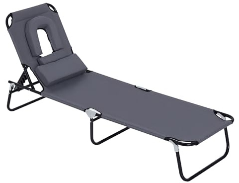 Outsunny Sedia Sdraio da Esterno Pieghevole con Foro per il Viso e Cuscini, Lettino Prendisole da Giardino, Spiaggia e Campeggio, Grigio