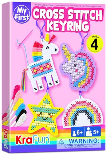 KRAFUN Kit Punto Croce Unicorno per Bambini 5-13 Anni, 4 Progetti Portachiavi, Feltro, Istruzioni, Scatola Riutilizzabile, Giocattolo Educativo per Ricamo
