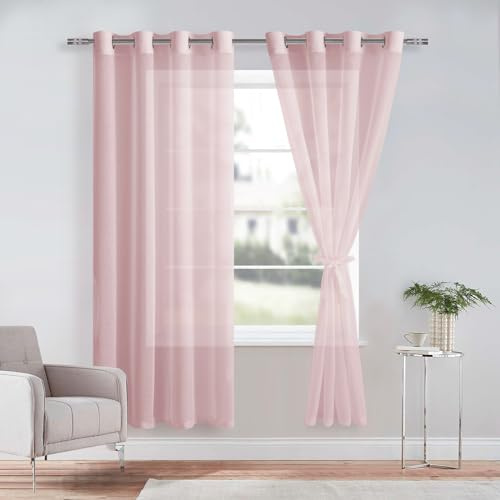 DWCN Blush Pink Sheer Curtains with Tiebacks Semi Transparent Voile Curtain | W56 x L72, Net Curtains for Windows Grommet Window Eyelet Curtain for Bedroom and Living Room, 2 Panels