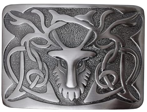 Kilt Emporium Scottish Stag Kilt Belt Buckle – Solid Brass, Traditional Celtic Design, Fits Standard Kilt Belts (Stag-Engraved-Silver Antique)