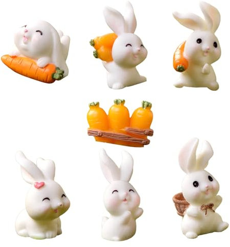 KEELYY 7 Stück Mini Hase Figuren Osterdeko Harz Osterhase Figur Kaninchen Figuren Mikrolandschaft Bunny Skulptur Puppenhaus Harz Frühling Festival Party Dekoration Desktop Ornament