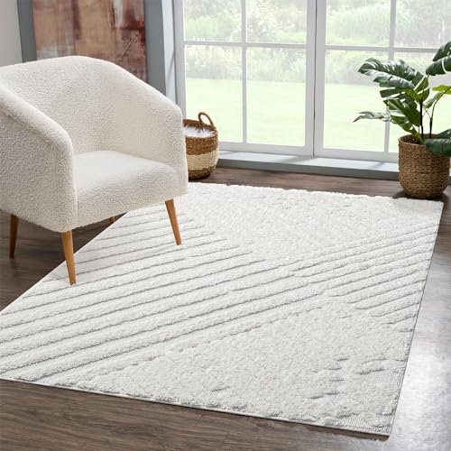 carpet city Teppich Wohnzimmer Hochflor Creme - 120x170 cm - Hochtief-Muster, 3D-Effekt Streifen - Bettvorleger Schlafzimmer Teppiche Boho, Skandi