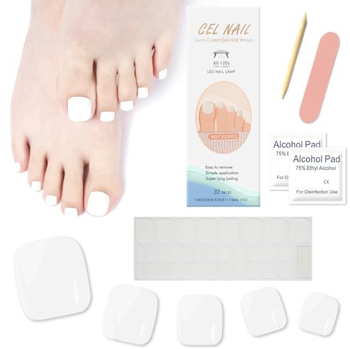 32PCS Autocollants de Vernis à Ongles d'Orteil Semi-durci, Couleur Unie Autocollants Ongles Pieds Couverture Complète Sticker Ongle Auto-adhésif, Bandes d'Ongle d'Orteil Manucure Décoration (Blanc)