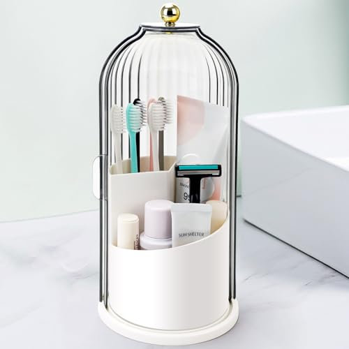 RISEMART Toothbrush Holder with Sliding Lid, 3 Slots 360° Rotating Bathroom Organizer, Waterproof Toothbrush Toothpaste Stand Holder Bathroom Countertop Accessory Caddy (White)