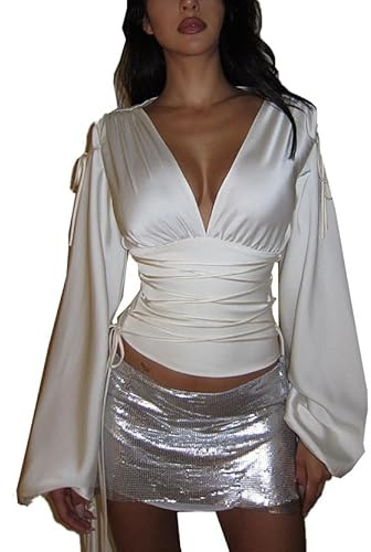 T-shirt enveloppant à col en V profond et manches longues froncé en satin à lacets pour femme — décontracté et élégant Y2K en soie coupe ajustée à nouer sur le devant, blanc, S