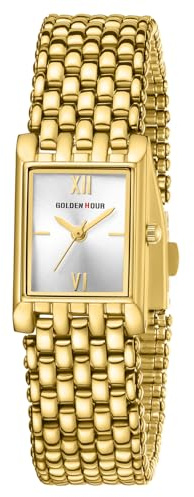 GOLDEN HOUR Vintage små damklockor analog kvartsur för kvinnor vattentät mode vardaglig rektangel guldklocka med armband i rostfritt stål armbandsur för kvinnliga flickor