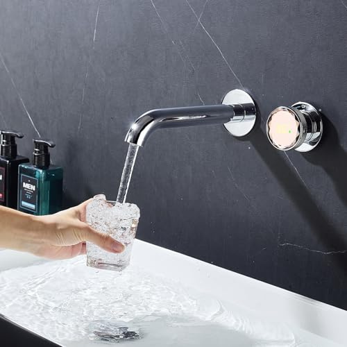LakeBayMZC Rubinetto da incasso per montaggio a parete con indicatore di Temperatura a LED, Rubinetto Bagno Lavabo a muro Con 2 tipi di getto d'acqua,Ottone,Orientabile a 360°, Cromato